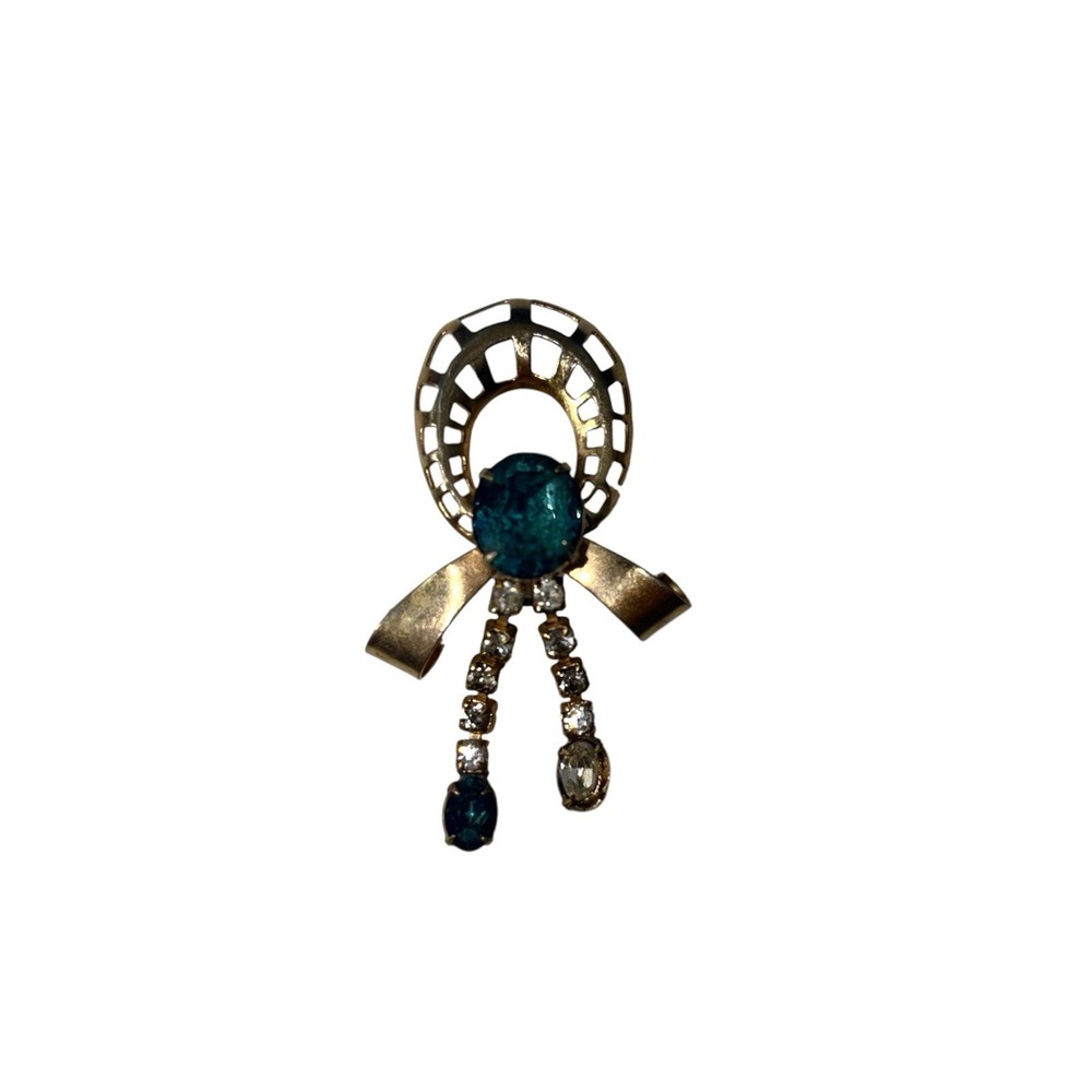 Vintage Signed Scitarelli Gold Tone Blue Clear Rhinestone Bow Brooch Pin